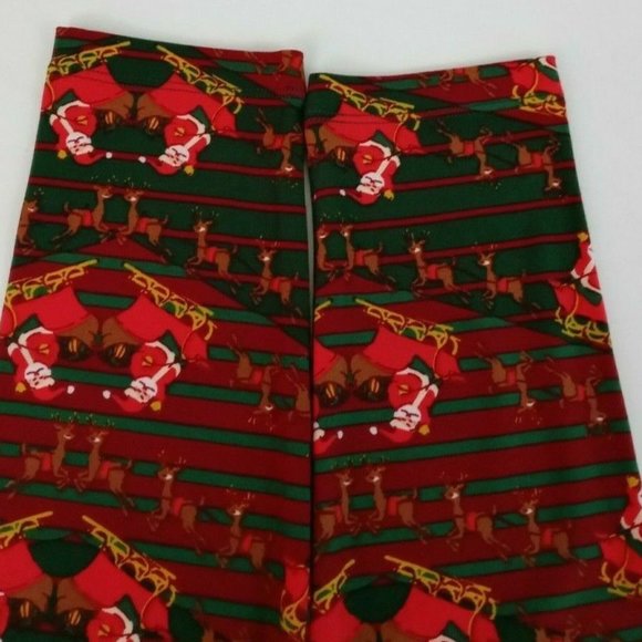 New LuLaRoe One Size Leggings Red & Green With Reindeer Pulling Santa's Sleigh - Picture 5 of 6